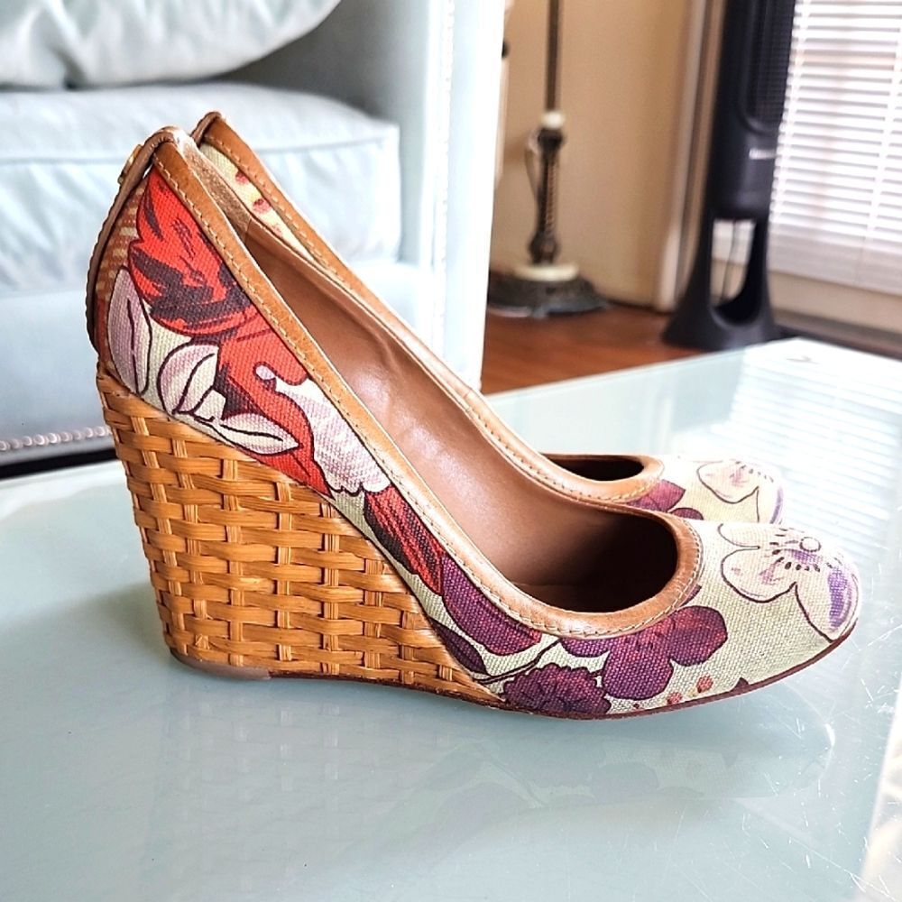 Tory Burch Flora Basketweave Raffia Wedge Boho Hippie Heels Size 9